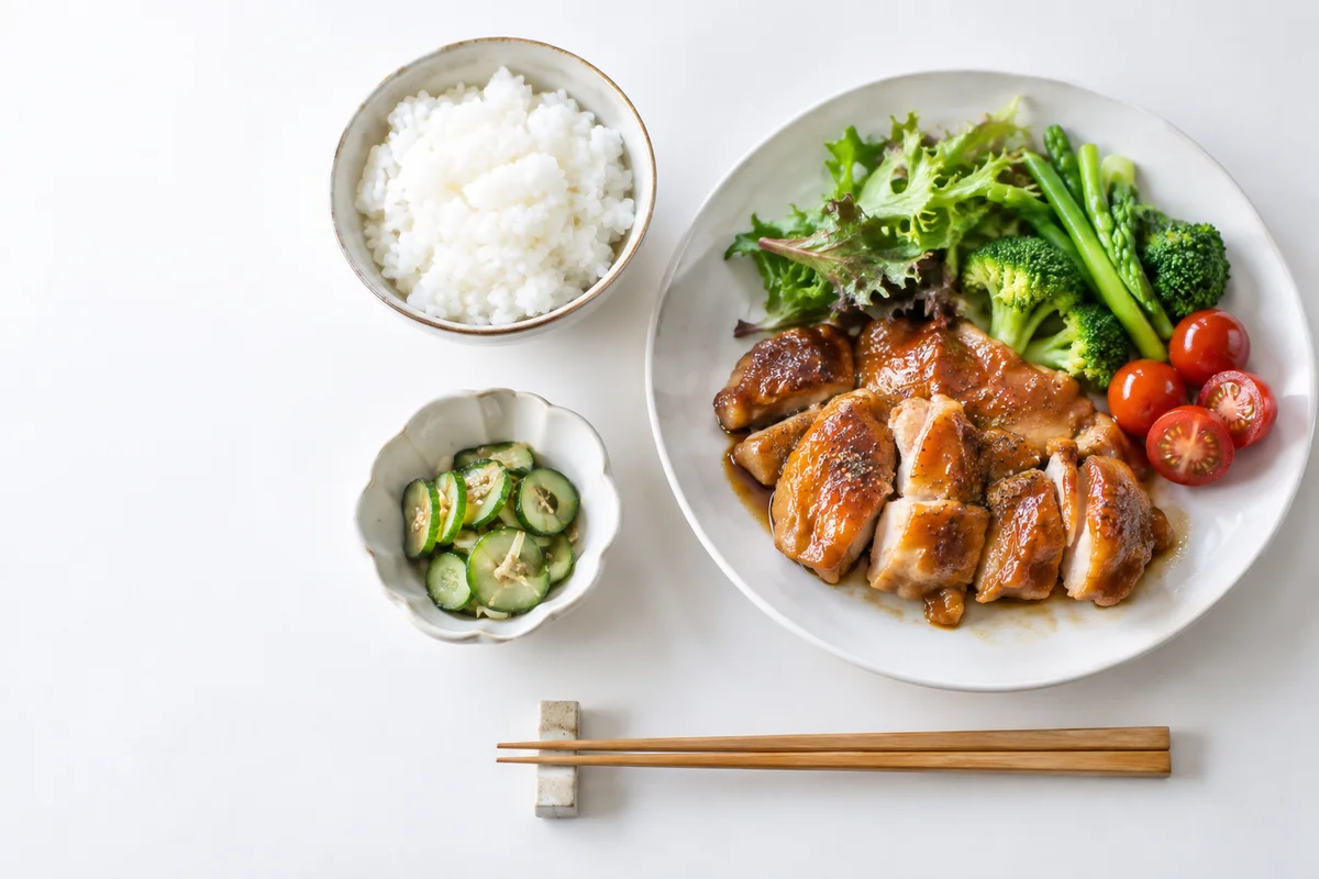白い食卓に並ぶチキンと野菜、ごはんのイメージ