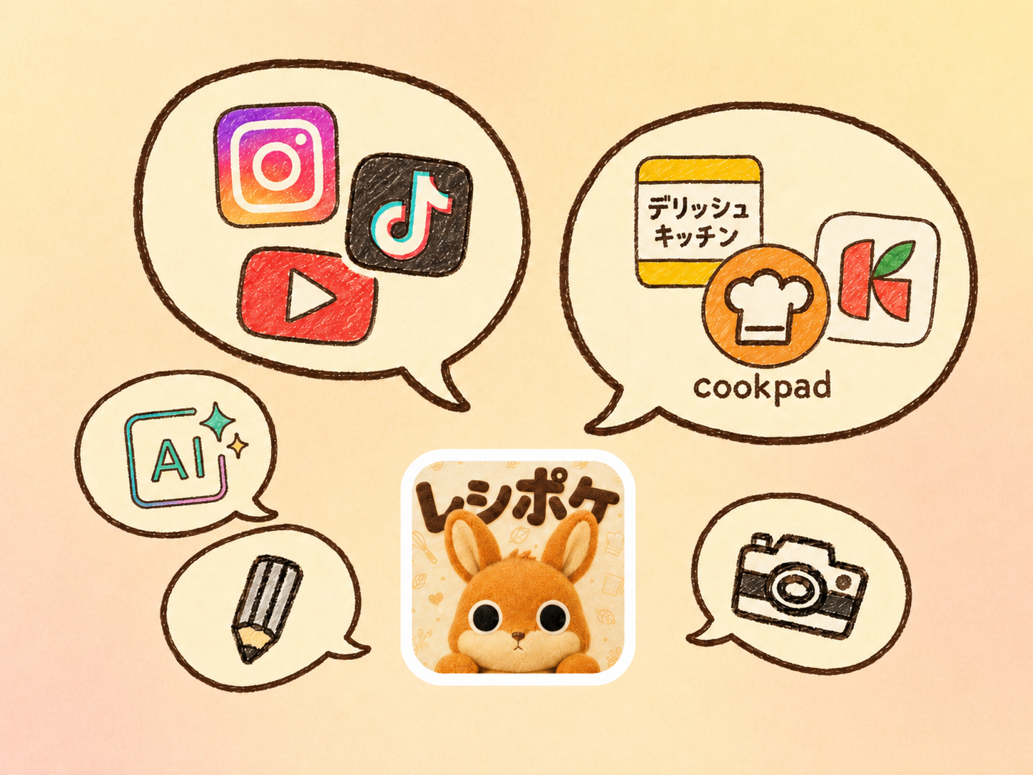SNSやレシピサイトで見つけたレシピをAIでレシポケへまとめるイメージ
